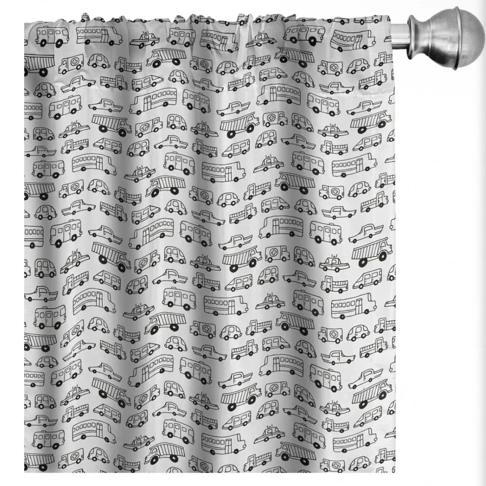 Lunarable Sketch Curtains 2 Panel Set Cartoon Vehicles Cars Trucks 28x95 White